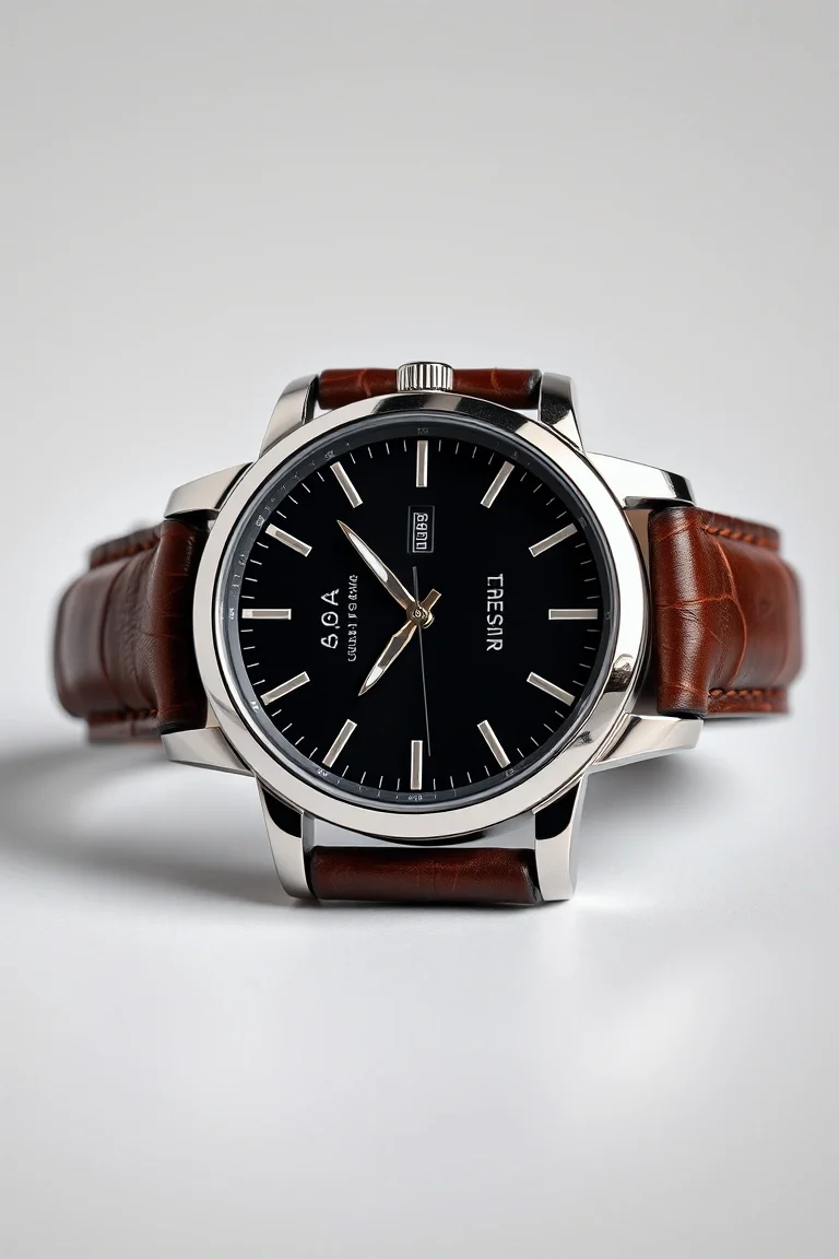 Solid Stainless Steel, Leather Band, Enamel Shinny Black Dial