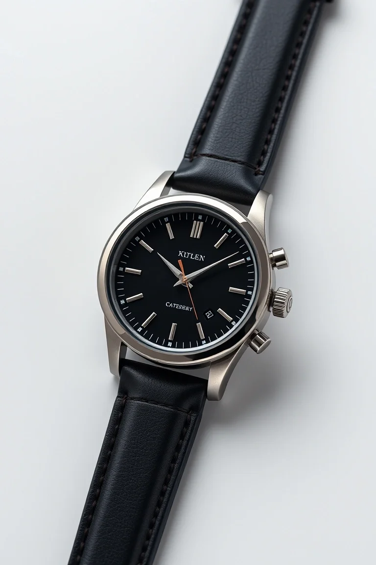 Solid Stainless Steel, Leather Band, Matte Black Dial