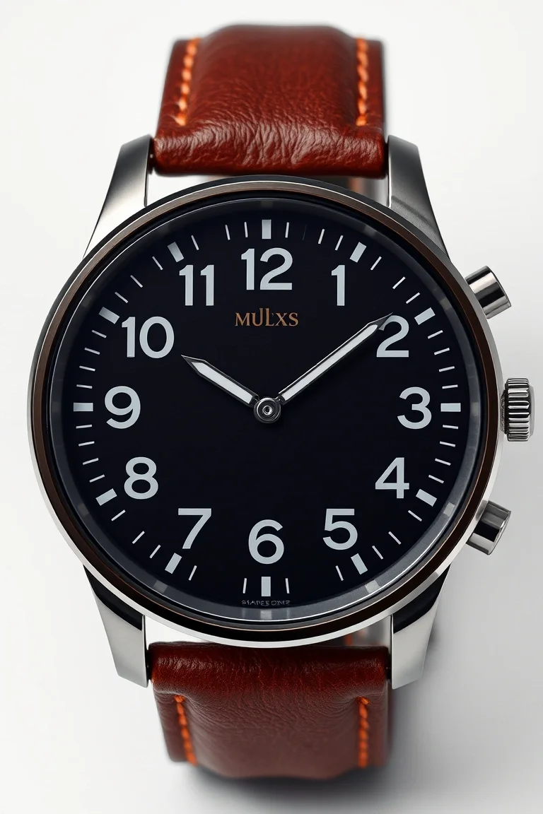 Solid Stainless Steel, Leather Band, Matte Black Numbers On Shinny Black Dial