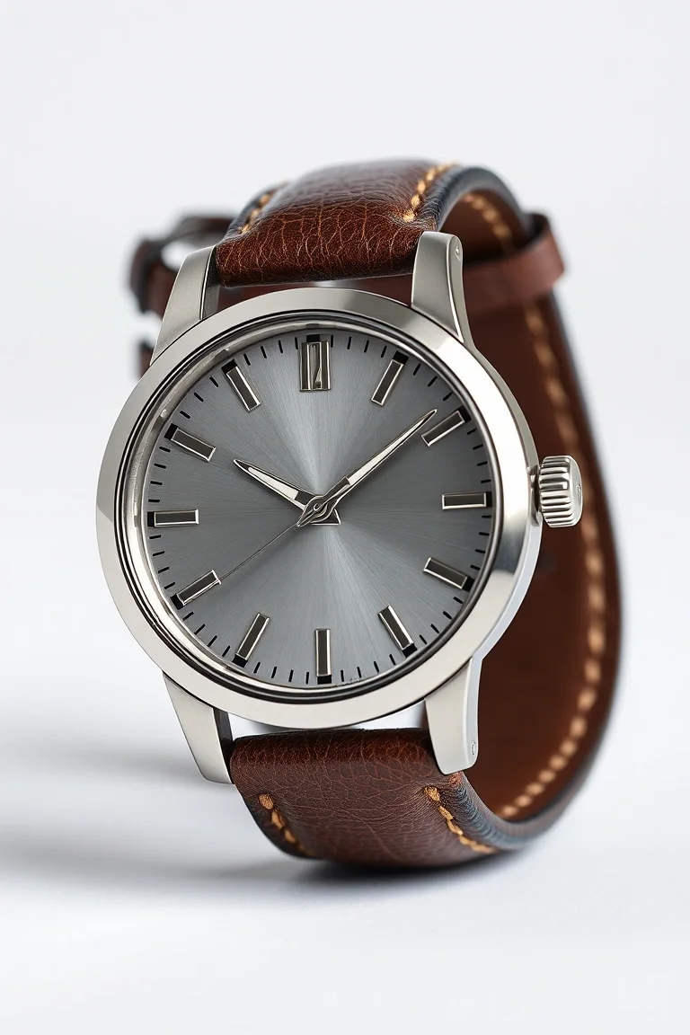 Solid Stainless Steel, Leather Band, Matte Silver Case & Dial