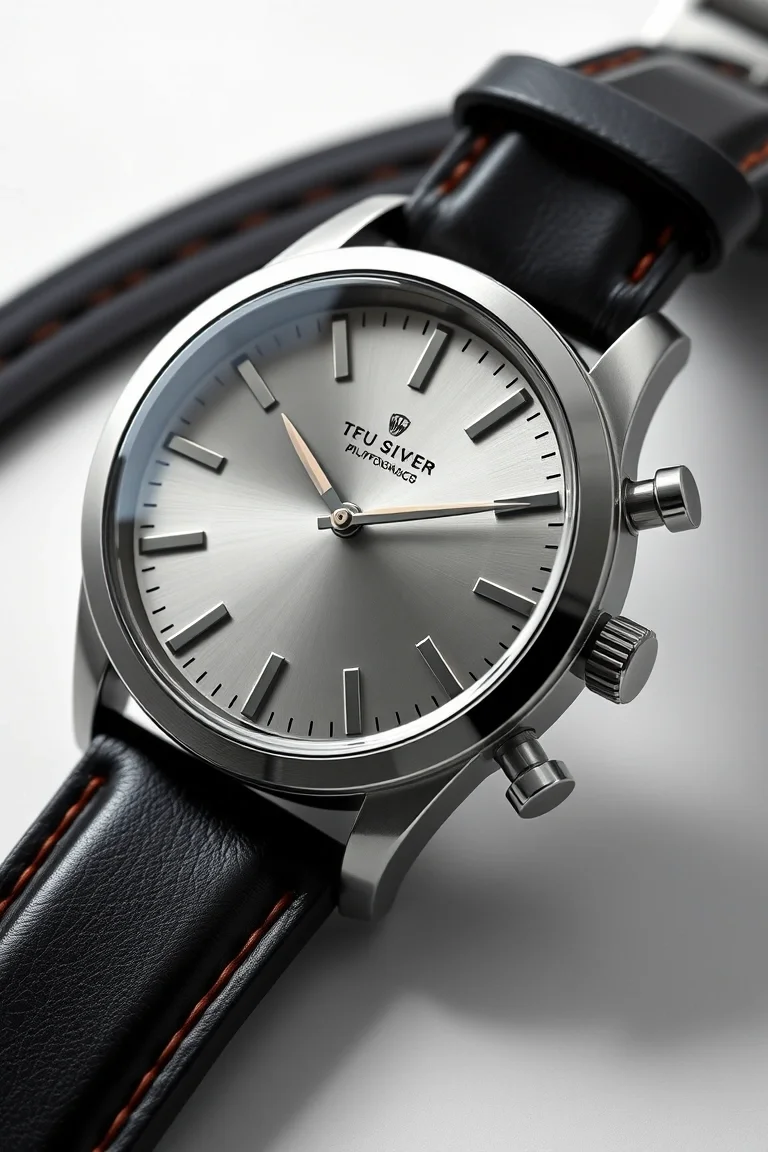 Solid Stainless Steel, Leather Band, Matte Silver Case & Dial