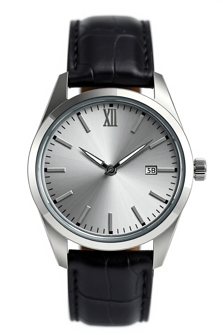 Solid Stainless Steel, Leather Band, Matte Silver Case & Dial
