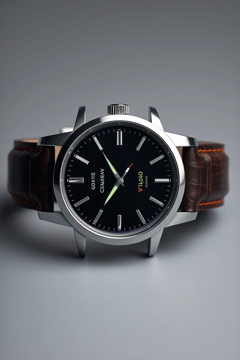 Solid Stainless Steel, Leather Band, Silver Index Number On Matte Black Dial