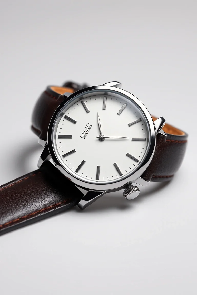 Solid Stainless Steel, Leather Band, Silver Index Number On White Dial