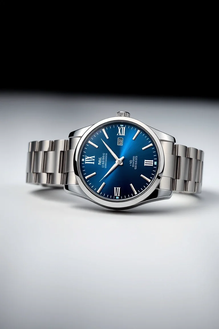 Stainless Steel Case & Bracelet, Chrome Roman Markers, 2 Hands, Japanese Movement, Sunray Blue Dial