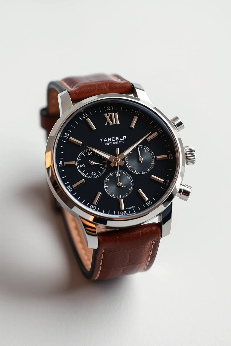 Stainless Steel Case, Genuine Calf Leather, Black/Grey Dial, Dual Time