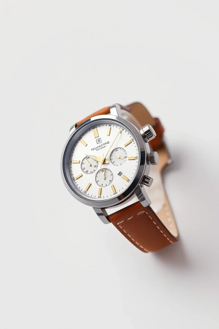 Stainless Steel Case, Genuine Calf Leather Strap, Gold Markers, 3 Hands, Japanese Movement, Silver Dial