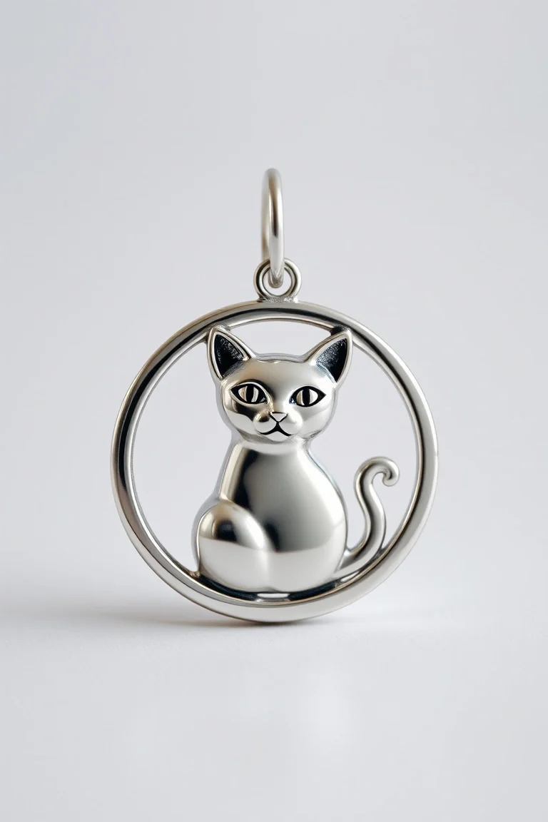 Sterling Silver Cat In Circle