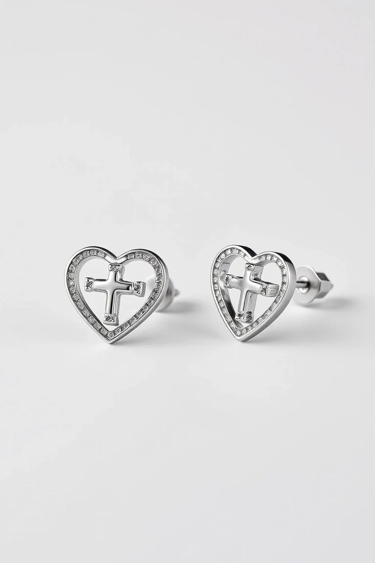 Sterling Silver Heart W/Cross Earrings
