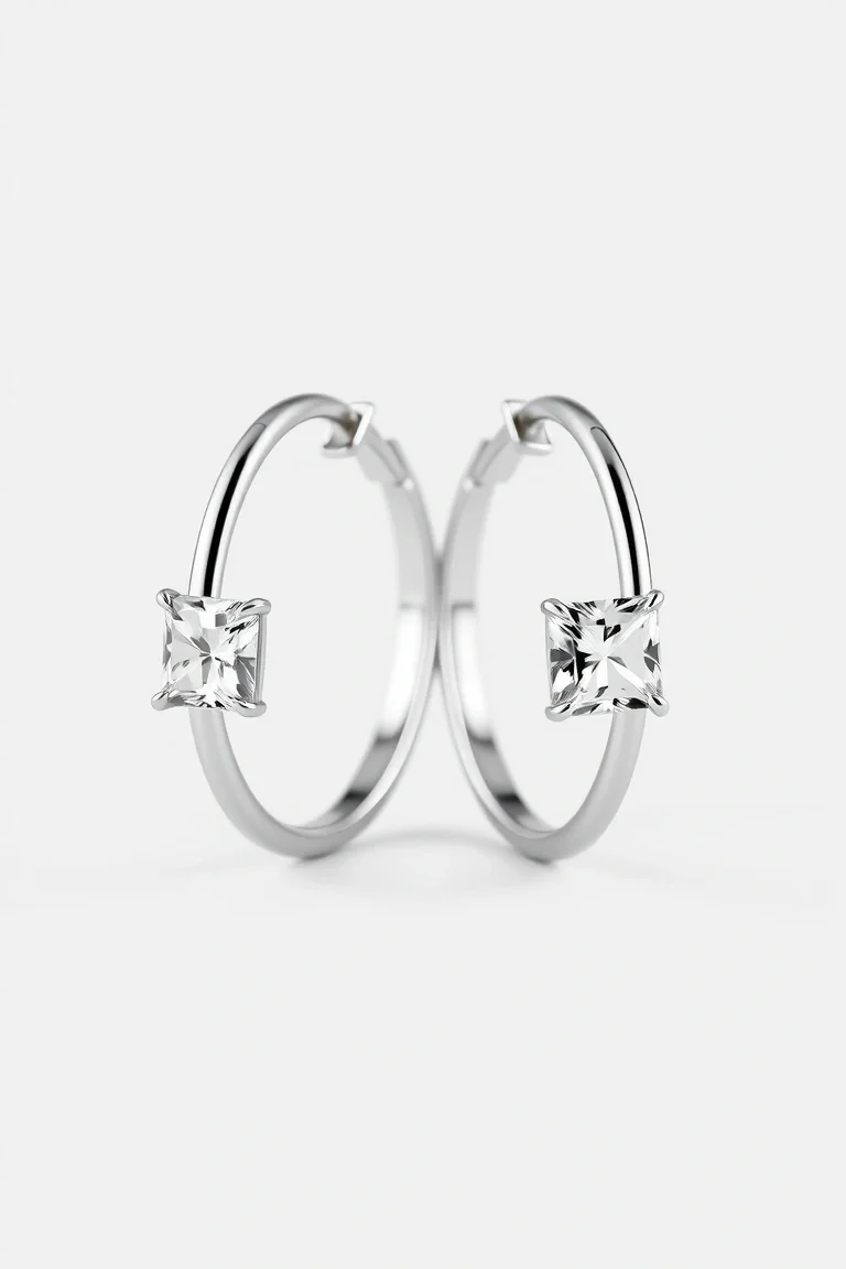 Sterling Silver Hoop With Square Cz