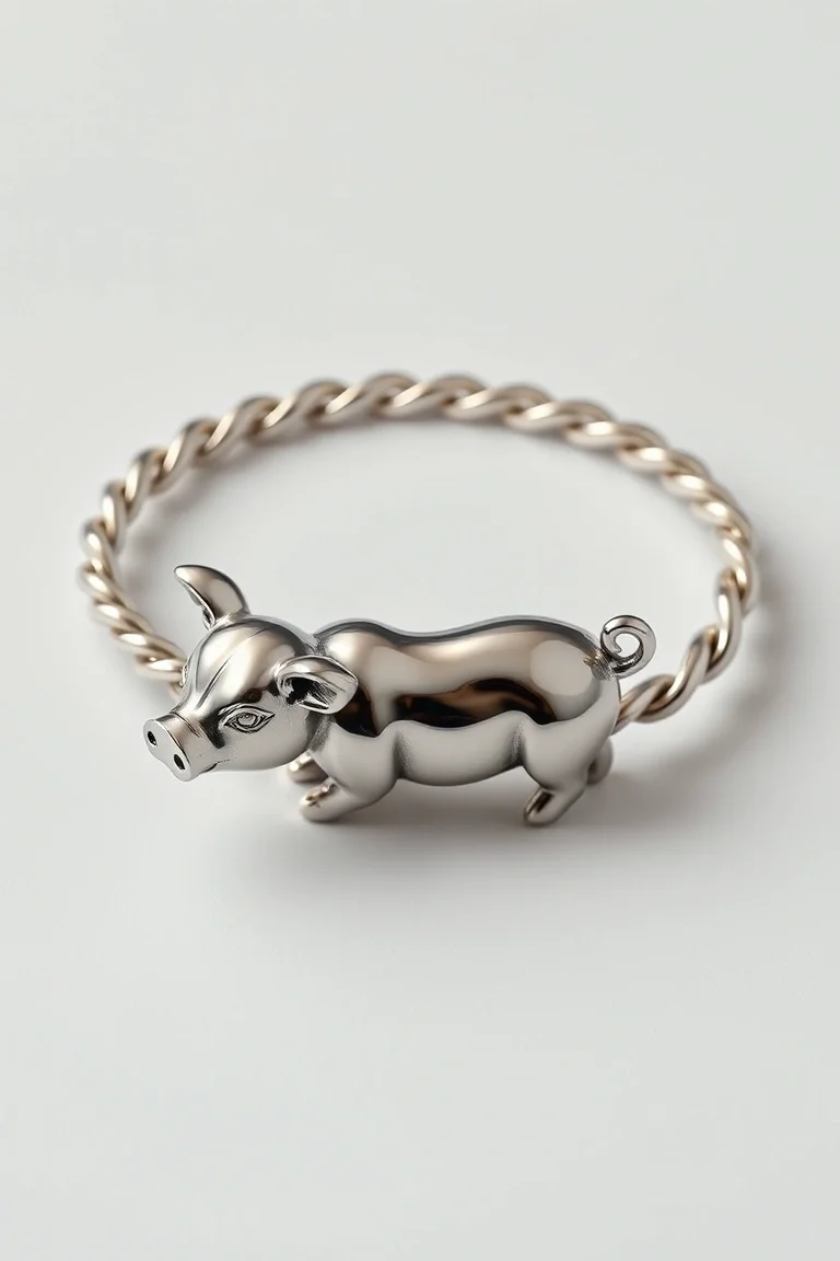 Sterling Silver Pig Bracelet 7 In.