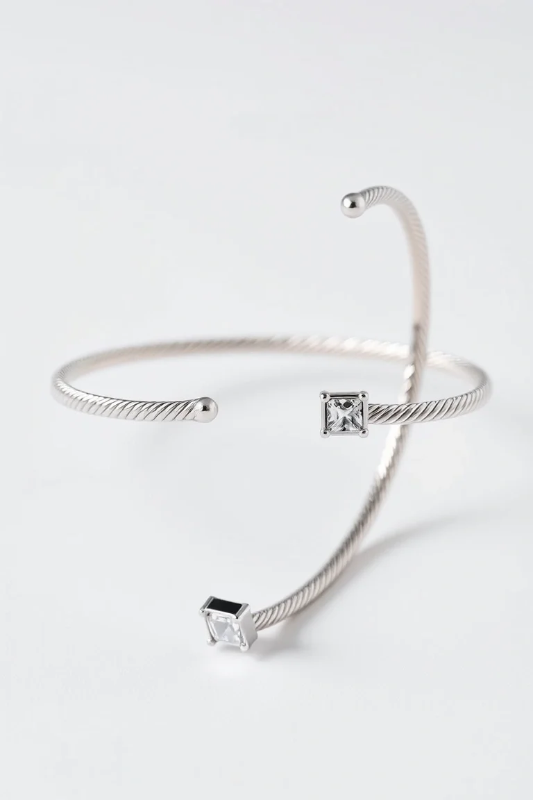Sterling Silver Rectangle Cubic Zirconium Cable Bracelet