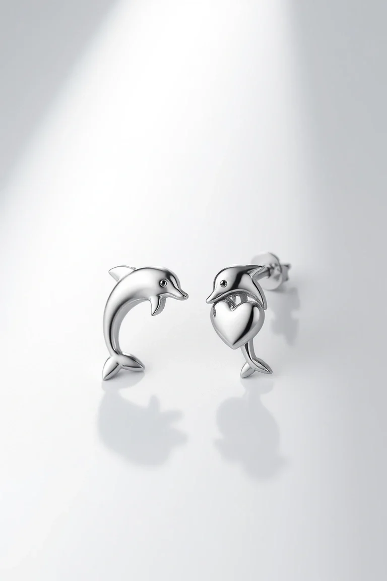 Sterling Silver/Vermiel Dolphin/Heart Earrings