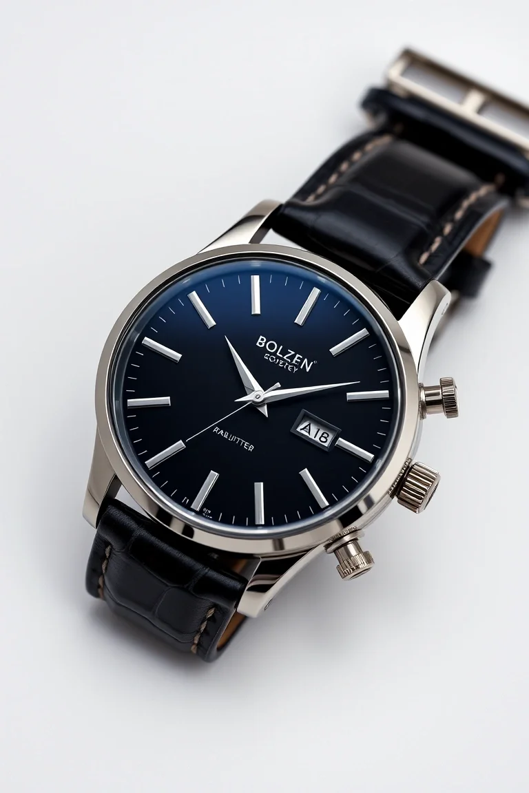 Unisex, Solid Stainless Steel, Leather Band, Enamel Shinny Black Dial