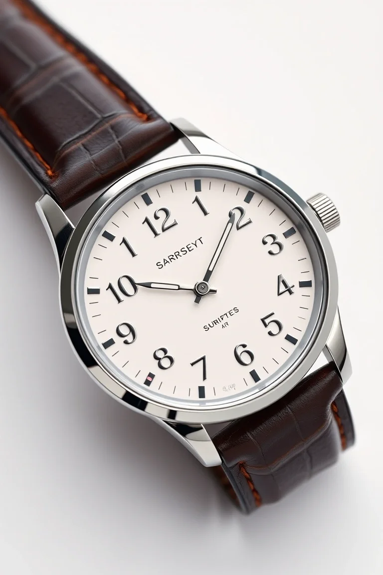 Unisex, Solid Stainless Steel, Leather Band, Silver Numbers On White Dial